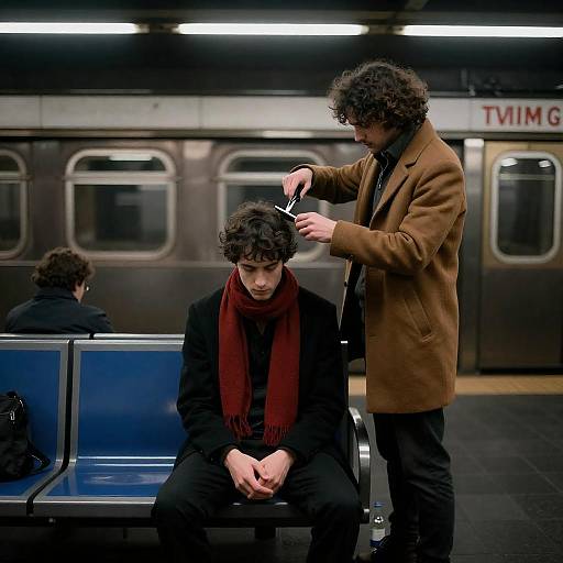 Dimly Lit Subway Scene with Two Men