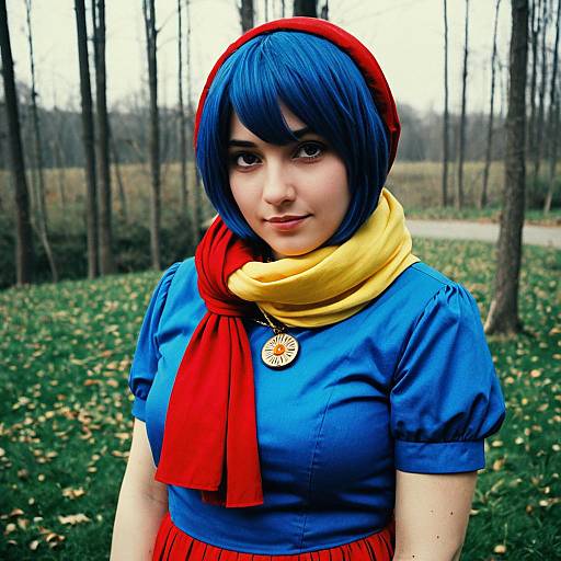 Photograph of a young woman with blue bob hair, wearing a red beret, yellow scarf, red scarf, blue top, and red skirt,