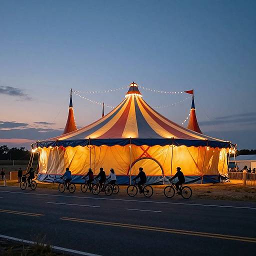 Photograph of a brightly lit, striped circus tent at twilight, with cyclists passing in front, string lights on top, and a clear blue sky background