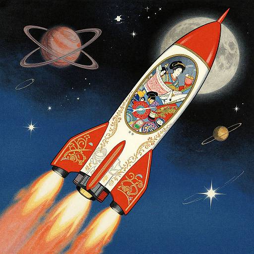 Colorful cartoon rocket with ornate red and white design blasts through space, featuring vibrant characters inside, planets, and stars in the background.