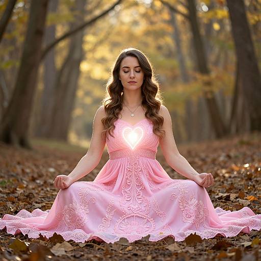 Photograph of a serene woman with long brown hair, wearing a pink lace dress, sitting cross-legged on a forest floor, glowing light centered on her
