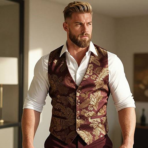 Photograph of a muscular, bearded man with styled blonde hair, wearing a white shirt and ornate brown vest, standing in a sunlit modern