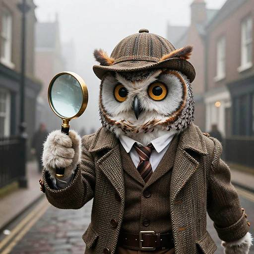 Detective Owl on Foggy Victorian Street