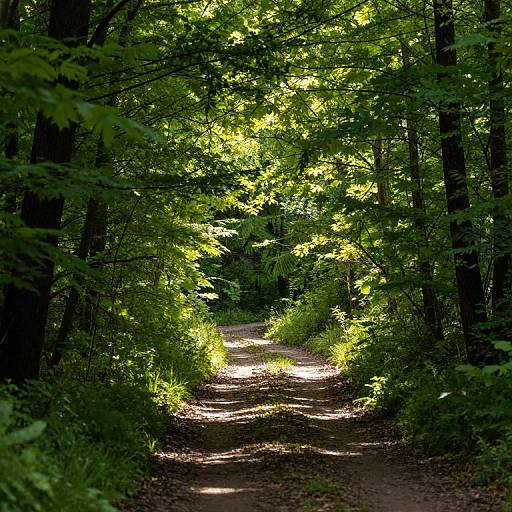 Photograph of a sunlit, narrow forest path, dappled with light, surrounded by dense, vibrant green trees and underbrush.