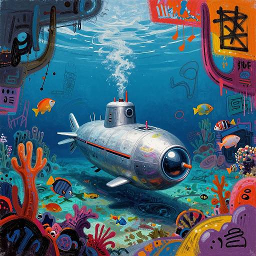 Vibrant digital illustration of a silver submarine with a small figure on top, surrounded by colorful coral, fish, and abstract symbols underwater.