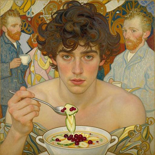 Digital painting of a shirtless, curly-haired young man with fair skin, eating dessert, flanked by two bearded men in Victorian attire.