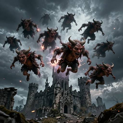 Digital art: Dark, stormy sky with glowing moon. Nine demonic minotaurs with horns and sharp teeth fly towards a crumbling Gothic castle.