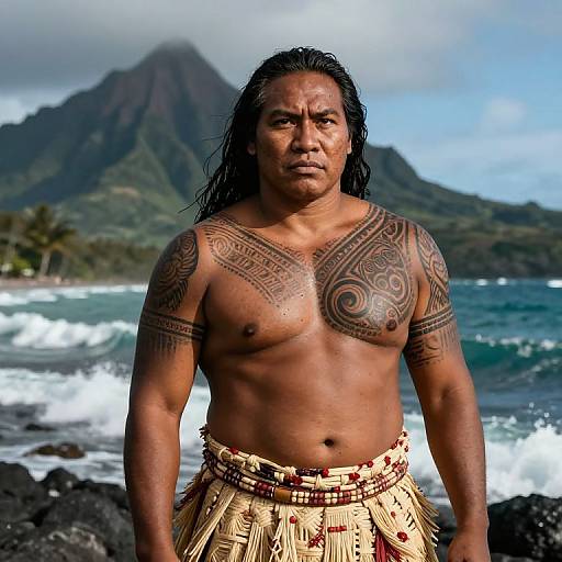 Photograph of a muscular, shirtless Polynesian man with tribal tattoos, long black hair, and a woven skirt, standing on a rocky beach