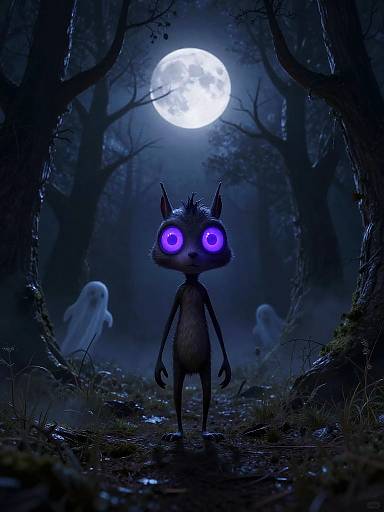 Digital artwork of a dark, eerie forest under a full moon. A small, creepy, purple-eyed creature with black fur stands in the center, surrounded