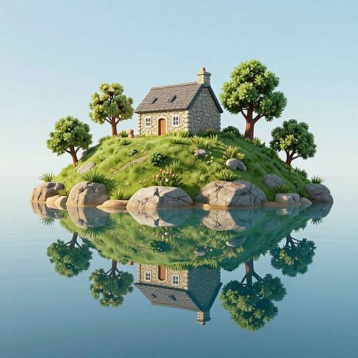 Whimsical digital illustration of a small stone cottage with a grey roof, surrounded by lush greenery, trees, and reflected in a calm, mirror