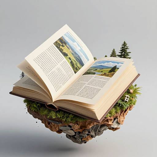 Illustration of an open book floating on a moss-covered rock, surrounded by small pine trees, with scenic landscape images on pages.