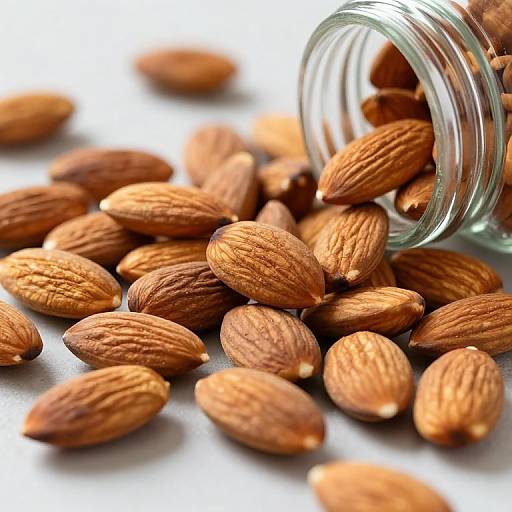 Photograph of a clear glass jar tipping over, spilling numerous brown, textured almonds onto a white background.