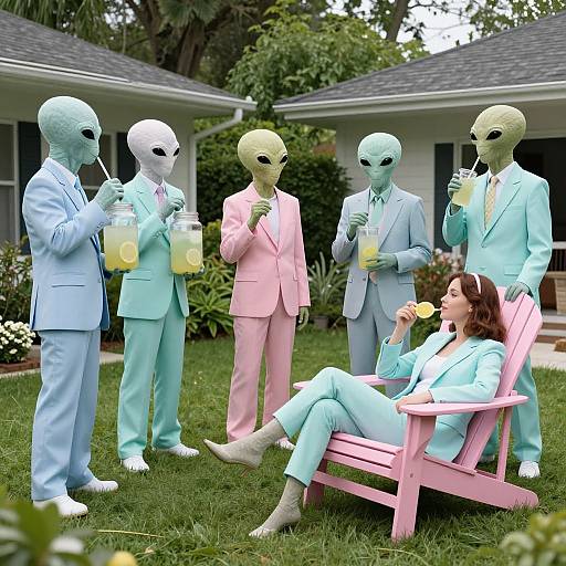Photograph of five alien figures in pastel suits, holding drinks, standing on grass beside a pink chair with a woman sipping lemonade. Background