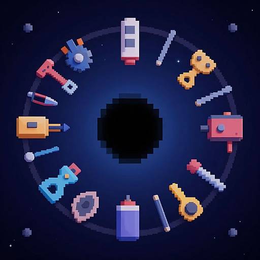 Pixel art of colorful tools (screwdriver, wrench, etc.) arranged in a circle around a black void against a dark blue starry background.
