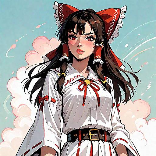 Digital anime-style drawing of a young woman with long black hair, red bow, white blouse with red ribbon, and black belt, against a blue sky