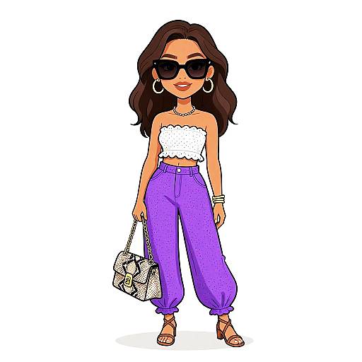 Digital illustration of a stylish woman with long brown hair, wearing black sunglasses, a white lace tube top, purple high-waisted pants, and brown