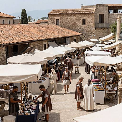 Photograph of a bustling Roman-style outdoor market with white canopies, stone buildings, and vendors in ancient Roman attire selling various goods.