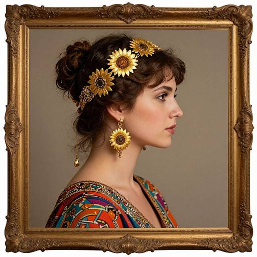Photograph of a young woman with dark hair in an updo, adorned with sunflower hairpieces and earrings, wearing a colorful, patterned dress