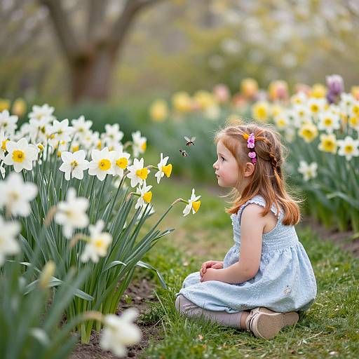 Photograph of a young girl with brown hair in a pink hairband, wearing a blue dress and brown shoes, kneeling on grass, watching butterflies among