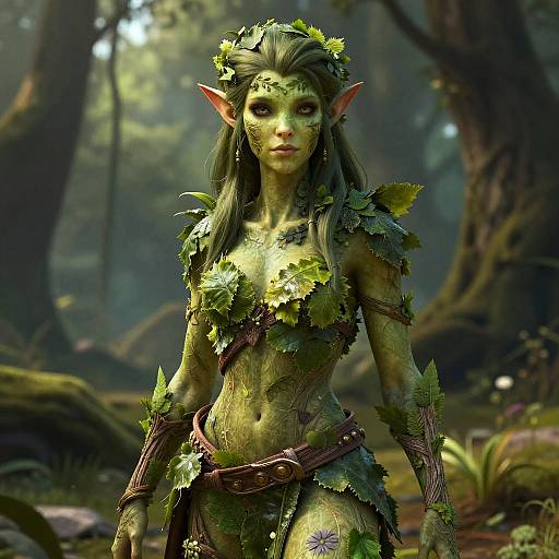 CGI fantasy image of a green-skinned, elf-like female with leaf-covered attire, pointed ears, and flower crown, standing in a sunlit