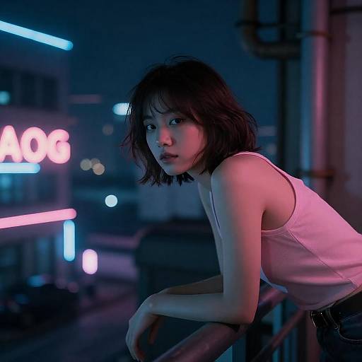 Neon Cyberpunk Balcony Portrait at Night