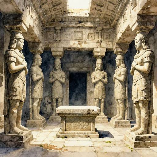 Photograph of four ancient stone warriors standing in a dimly lit, ornately carved temple chamber, with a central stone altar.