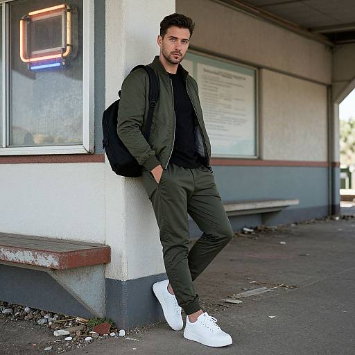 Photograph of a bearded man with short dark hair, wearing a black jacket, green pants, white sneakers, and a black backpack, leaning against