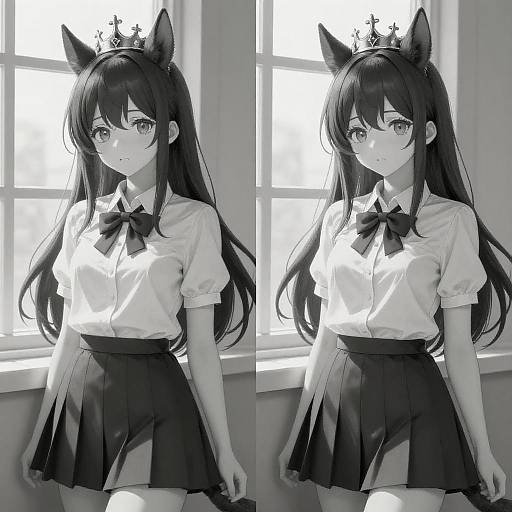 Black and white anime girl with horse ears and crown