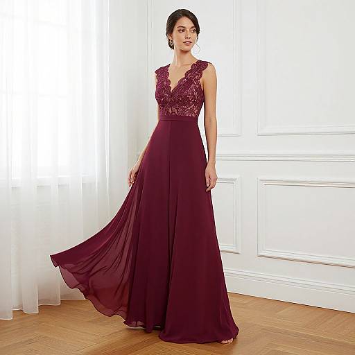 Photograph of a fair-skinned woman with dark hair in an elegant, deep maroon, lace-embellished, floor-length gown, standing
