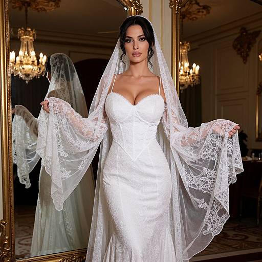 Photograph of a beautiful, dark-haired bride in a white lace wedding dress with long sleeves, standing in an ornate room with chandeliers.