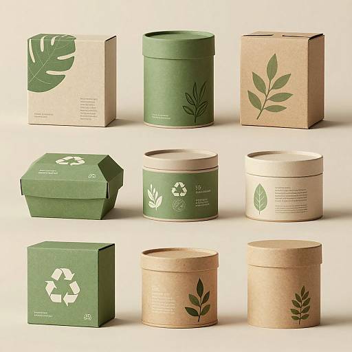 Photograph of nine eco-friendly product packaging designs in green and brown, featuring recycled symbols, leaf motifs, and minimalist text on white and beige backgrounds.