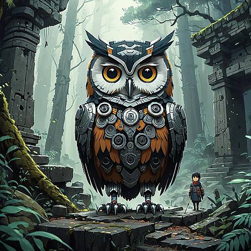Robotic Owl Guardian in Ancient Forest Ruins