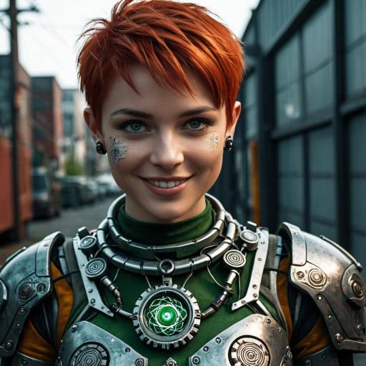 Smiling Female Cyborg with Red Pixie Hair