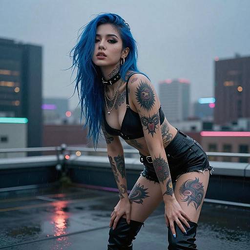Cyberpunk Woman with Blue Hair on Rooftop