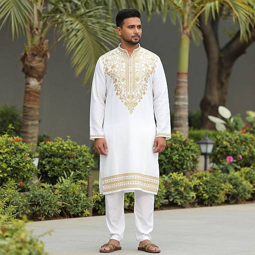 Photograph of a South Asian man in white traditional kurta with gold embroidery, white pants, brown sandals, standing in a lush garden with palm trees