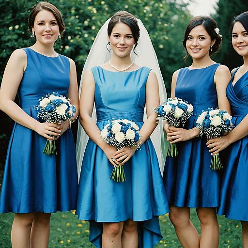 Bride and Bridesmaids in Blue Dresses