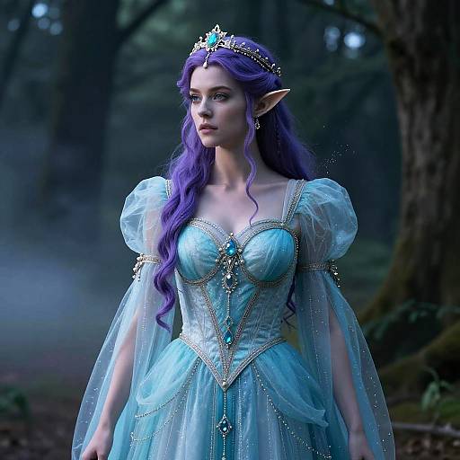 Elf Queen in Ornate Cyan Dress in Dark Forest