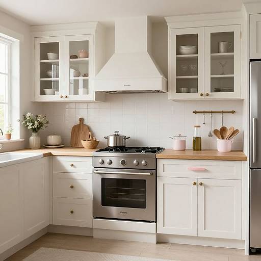 Bright, modern kitchen photograph featuring white cabinets, stainless steel stove, wooden countertops, glass-front upper cabinets, and a white range hood.