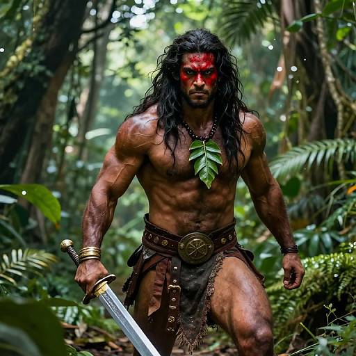 Photorealistic CGI of a muscular, red-faced warrior with long black hair, wearing a leaf necklace and loincloth, holding a sword in a