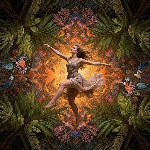 Photograph of a dancing woman in a flowing dress, centered against a vibrant, symmetrical, fiery, and fern-patterned background with intricate, colorful