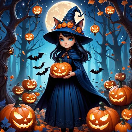 Whimsical Halloween Scene with Young Witch