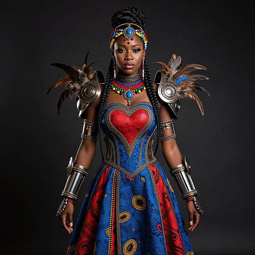 Photograph of an African woman in an ornate, blue and red dress with metallic shoulder armor and feathered accents, adorned with colorful jewelry and a