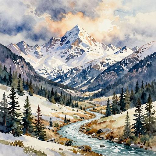 Watercolor Mountain Range with River