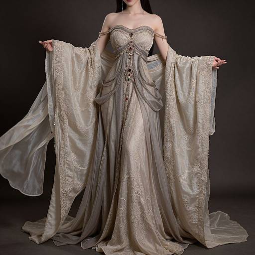 Photograph of a pale-skinned woman in an elaborate, off-the-shoulder, beige and silver lace gown with wide, flowing sleeves, against