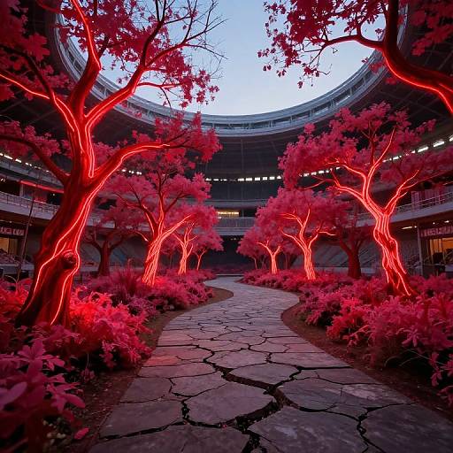 Photograph of a circular building courtyard at dusk, featuring glowing red-lit trees with vibrant red foliage, standing on a stone pathway.