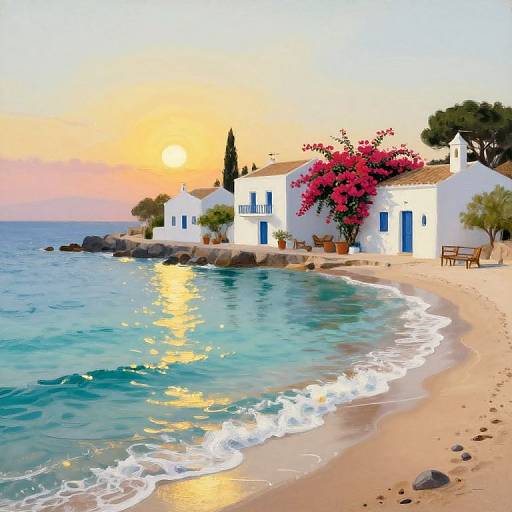 Photograph of a serene sunset over a white-washed Greek island beach with vibrant pink bougainvillea, turquoise waves, and sunlit sand.