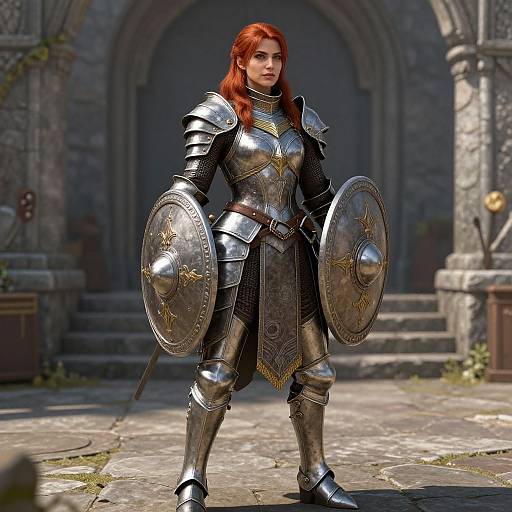 Digital art of a red-haired woman in shiny silver armor, holding two round shields, standing confidently in a medieval stone courtyard.