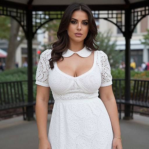 Photograph of a curvy woman with long, wavy dark hair, wearing a white lace dress with a deep neckline, standing in a park under