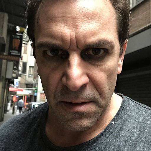 Close-up photograph of a middle-aged man with intense expression, dark hair, and slight stubble, wearing a gray shirt, standing in an urban street