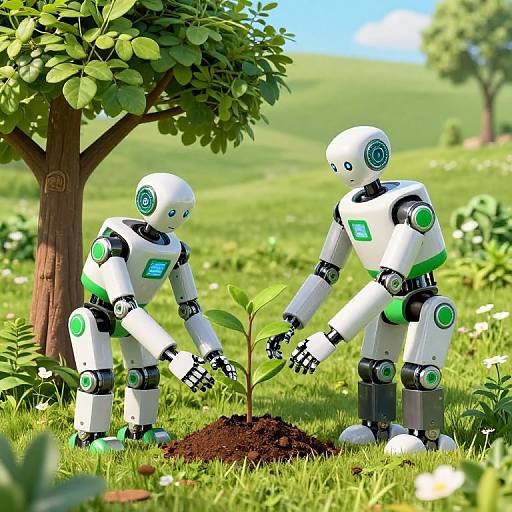 Photorealistic CGI: Two white, green-accented humanoid robots planting a young plant under a lush tree in a sunlit, grassy field